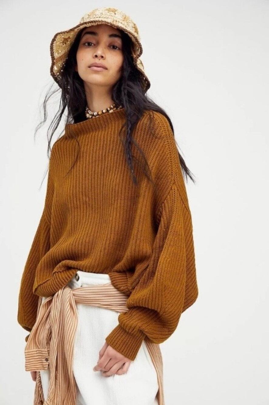 Free People Emmy Mock Neck Chunky Knit Sweater Gold Brown Oversized Cotton Large